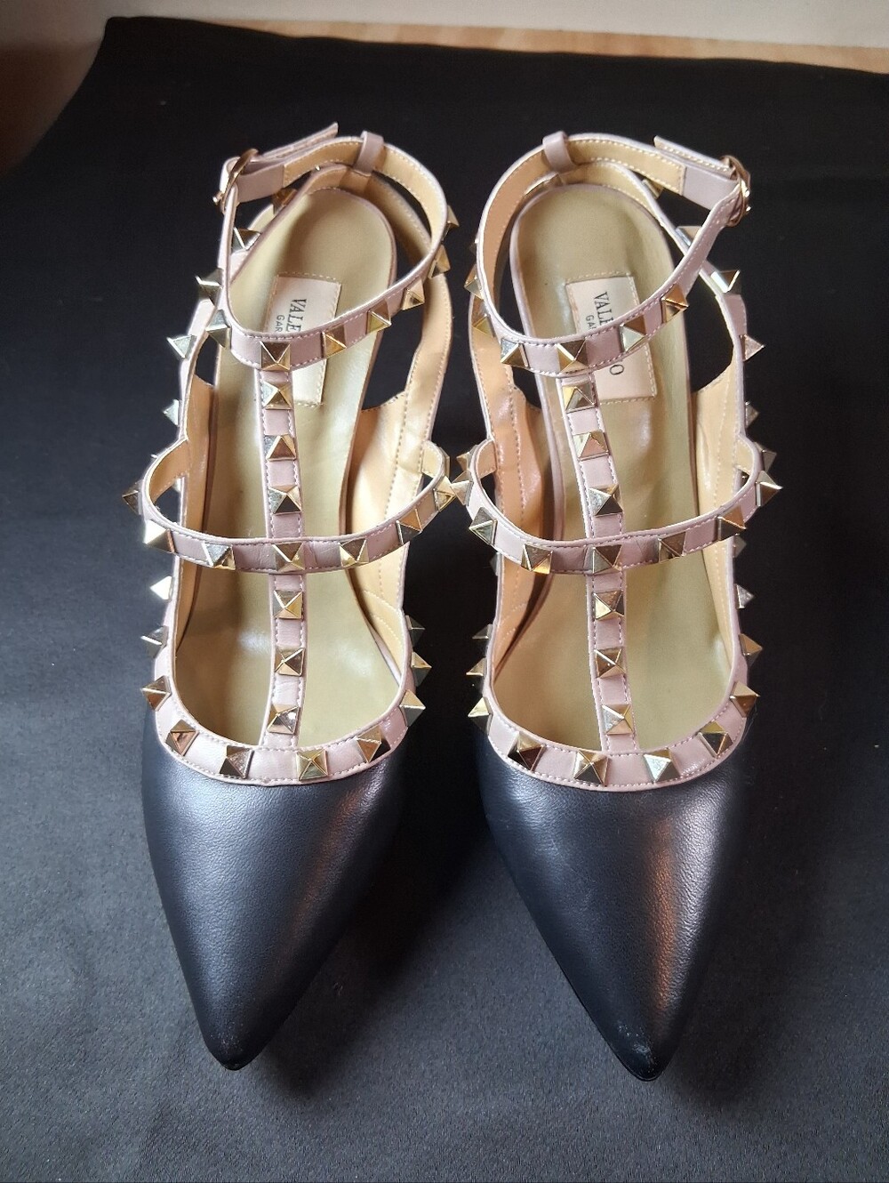 Valentino Garavani Black Pointed Studded T-Strap Heels with Blush Straps (SKU25)